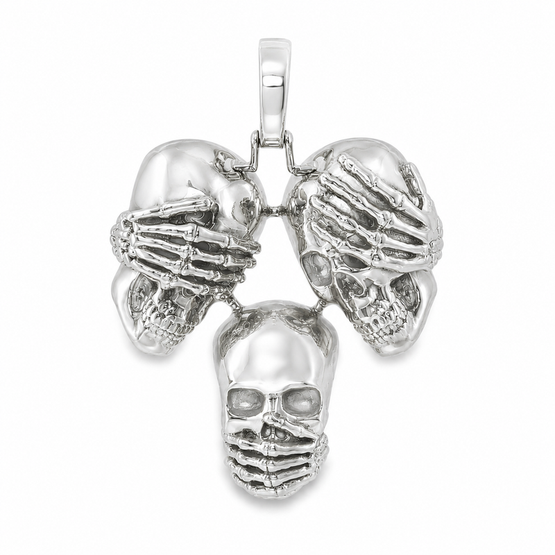 .925 Silver See No Evil, Hear No Evil, Speak No Evil Skull Glossy Pendant 70971