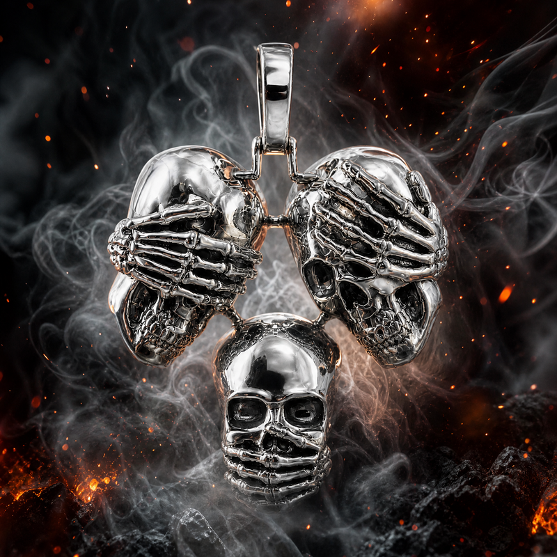 .925 Silver See No Evil, Hear No Evil, Speak No Evil Skull Glossy Pendant 70971