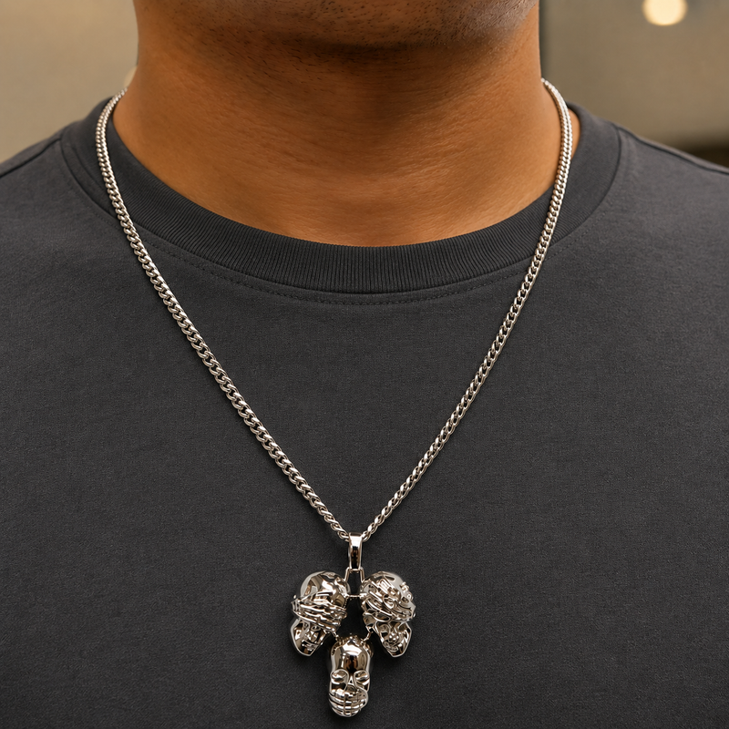 .925 Silver See No Evil, Hear No Evil, Speak No Evil Skull Glossy Pendant 70971