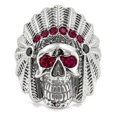 .925 Sterling Silver Black Diamond Indian Skull Ring With Red Ruby Stones