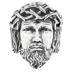 Silver Jesus face ring with detailed crown of thorns and textured beard.