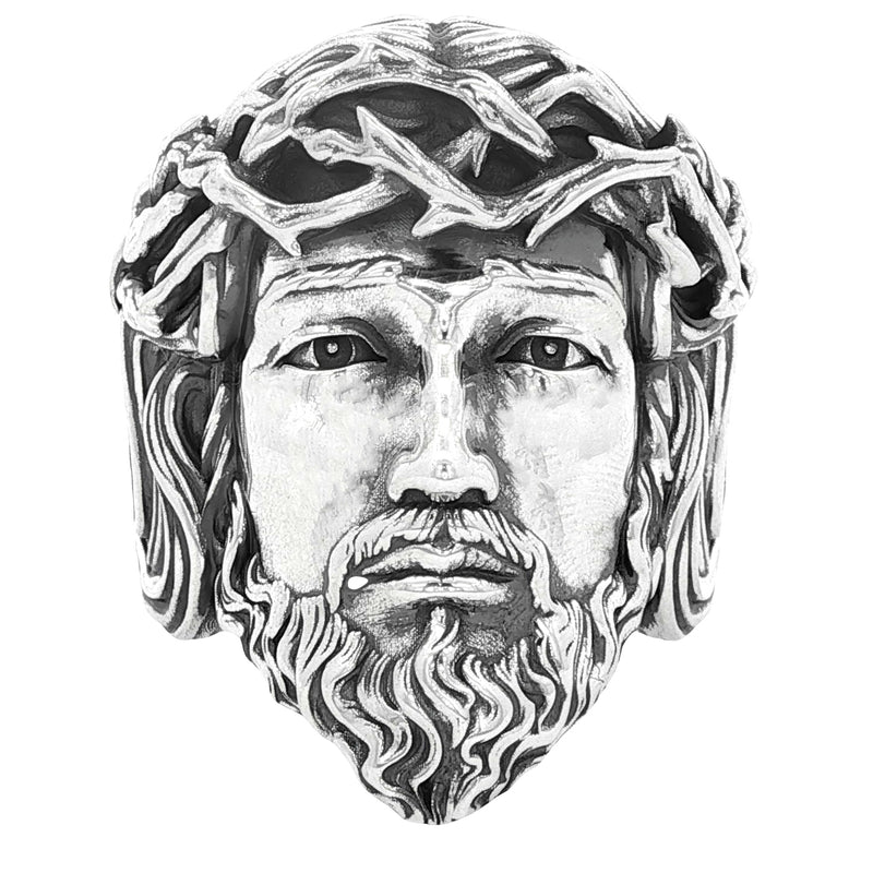 Silver Jesus face ring with detailed crown of thorns and textured beard.