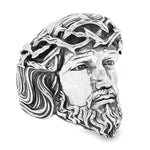 Silver Jesus face ring with detailed crown of thorns and textured beard.
