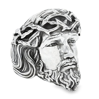 Silver Jesus face ring with detailed crown of thorns and textured beard.