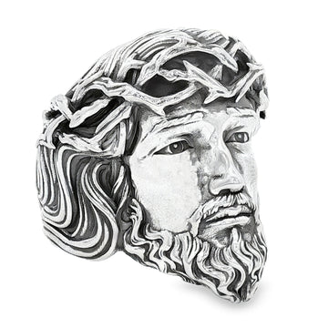 Silver Jesus face ring with detailed crown of thorns and textured beard.
