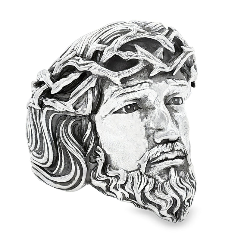 Silver Jesus face ring with detailed crown of thorns and textured beard