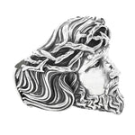 Silver Jesus face ring with detailed crown of thorns and textured beard.
