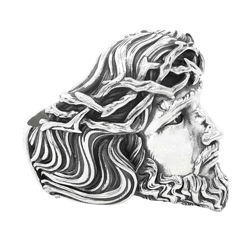 Silver Jesus face ring with detailed crown of thorns and textured beard.