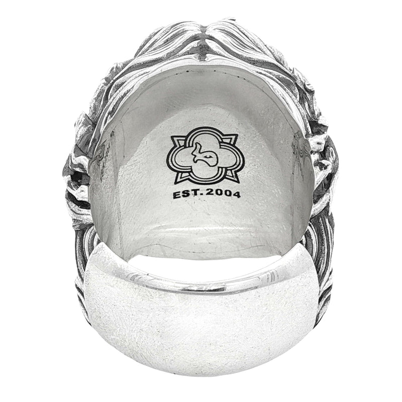 Silver Jesus face ring with detailed crown of thorns and textured beard.