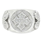 Men’s .925 silver ring with diamond-studded cross and intricate side detailing.