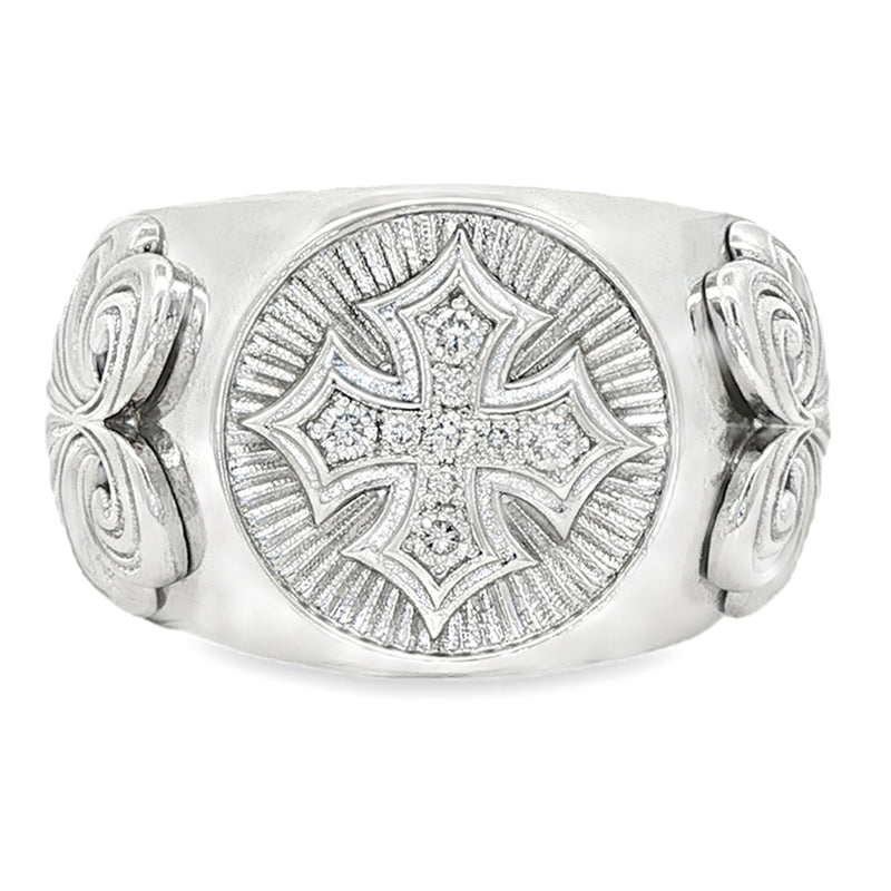 Men’s .925 silver ring with diamond-studded cross and intricate side detailing.