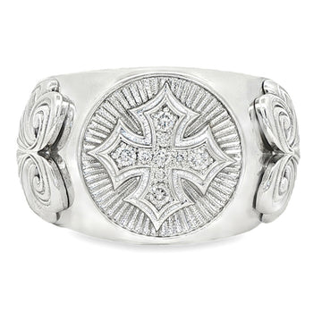 Men’s .925 silver ring with diamond-studded cross and intricate side detailing.