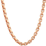 14K rose gold solid round box link chain, 6.4mm thickness, polished finish.