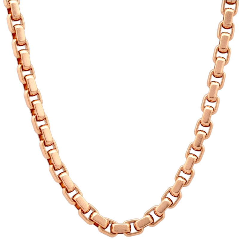 14K rose gold solid round box link chain, 6.4mm thickness, polished finish.