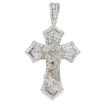 Silver diamond-encrusted cross pendant featuring praying Jesus in detailed relief.