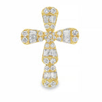 Yellow gold baguette and round diamond cross pendant with intricate gemstone detailing.