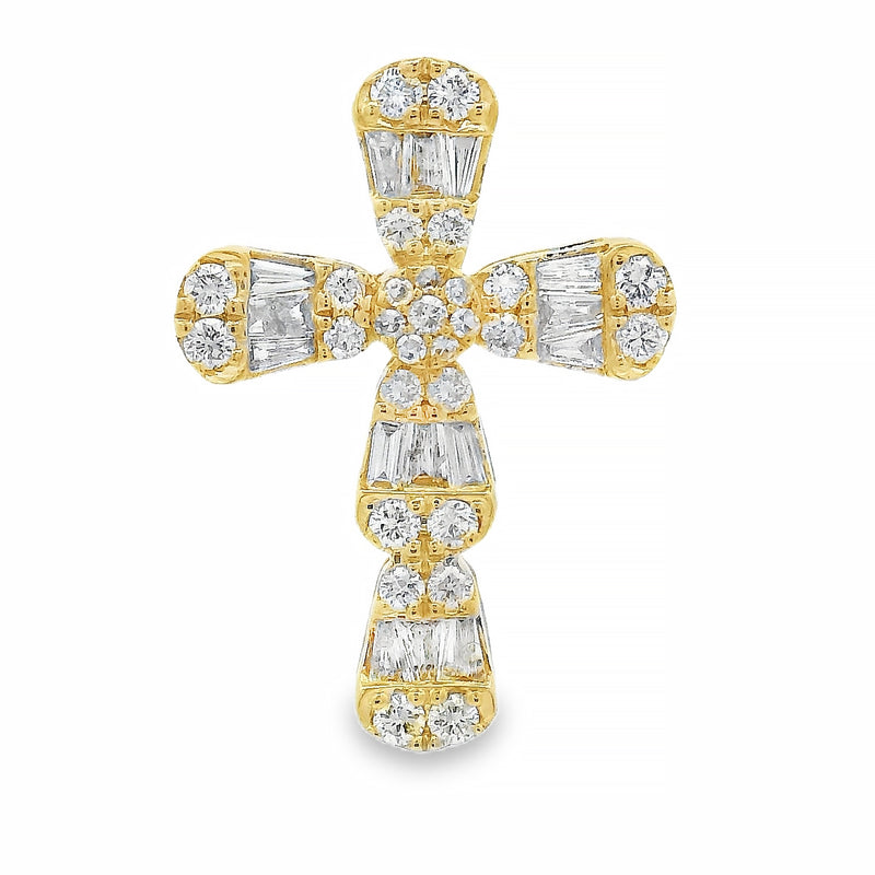 Yellow gold baguette and round diamond cross pendant with intricate gemstone detailing.