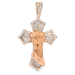 Rose gold praying Jesus cross pendant encrusted with round diamonds.