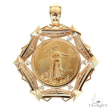 Yellow gold pendant featuring a 1 oz Liberty gold coin in a geometric frame design.