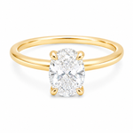 14K yellow gold engagement ring featuring a 1.50 carat oval lab grown diamond in a four-prong setting with a hidden halo and a slim polished solitaire band.