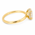14K yellow gold engagement ring featuring a 1.50 carat oval lab grown diamond in a four-prong setting with a hidden halo and a slim polished solitaire band.