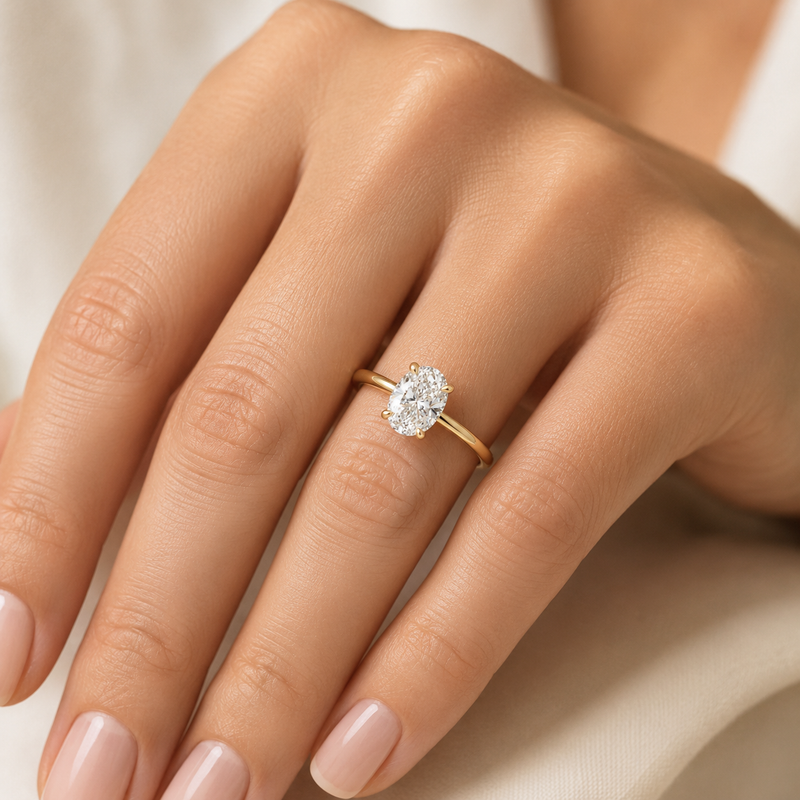14K yellow gold engagement ring featuring a 1.50 carat oval lab grown diamond in a four-prong setting with a hidden halo and a slim polished solitaire band.