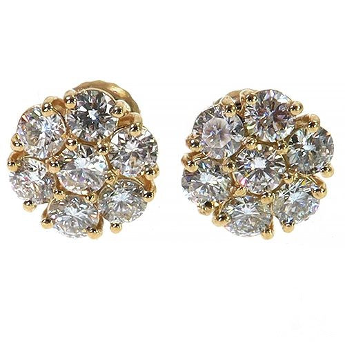 Diamond flower cluster earrings in 14K gold – 8.5mm prong-set lab-grown round diamond cluster, front view