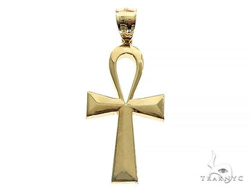 10K yellow gold Ankh cross pendant with polished finish and classic Egyptian design.