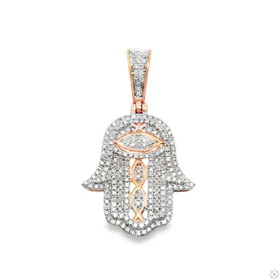 10K gold Hamsa pendant with white diamonds and detailed pave setting.