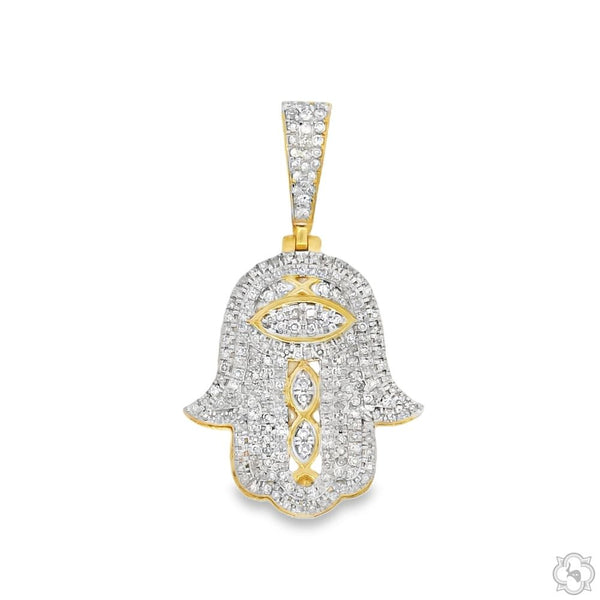 10K gold Hamsa pendant with white diamonds and detailed pave setting.