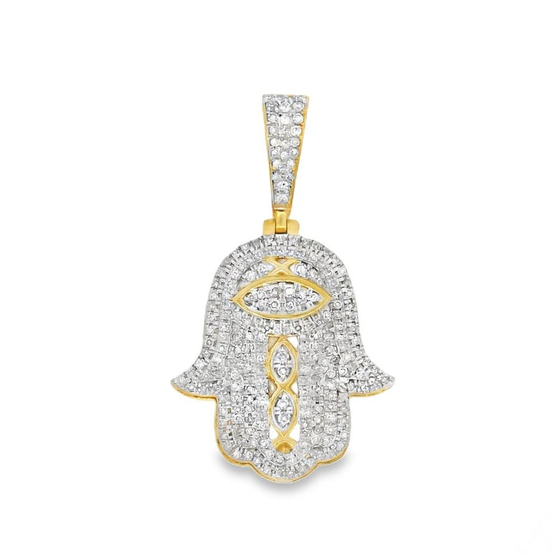 10K gold Hamsa pendant with white diamonds and detailed pave setting