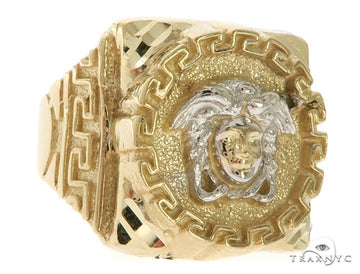 Mens 10K yellow gold Medusa ring – front-facing sculptural face detail