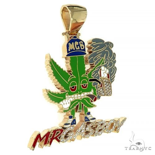 10K gold Mr.Gas Boy pendant with green enamel weed leaf and diamond-studded lighter design