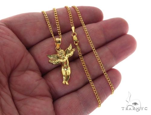 10K Gold Angel Charm 24 Inches Cuban Link Chain Set 61805 - Image 4