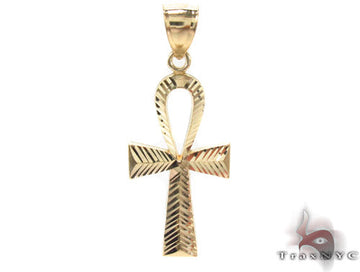 10K yellow gold Ankh cross pendant with textured detailing and polished finish.