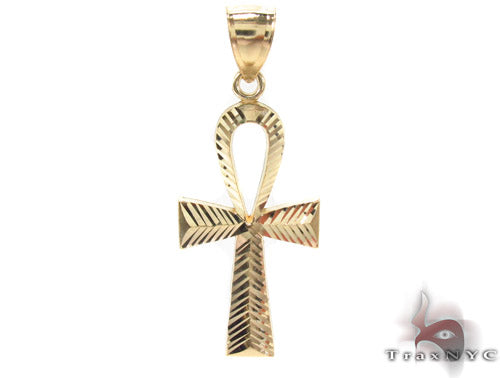 10K yellow gold Ankh cross pendant with textured detailing and polished finish