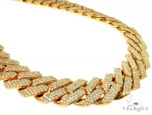 10K yellow gold diamond Cuban link chain – round-cut diamonds set across every link, front view