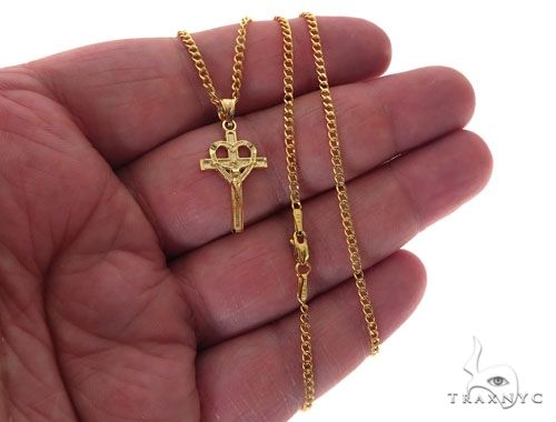 10K Yellow Gold Heart Crucifix Cross Charm 24 Inches Cuban Link Chain Set 61811 - Image 3