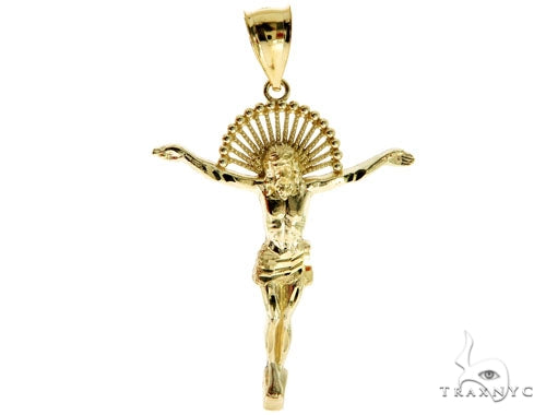 10K yellow gold Jesus pendant with detailed figure and radiant halo design