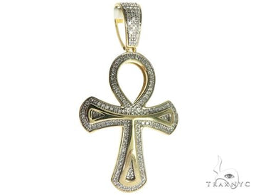 Yellow 10K gold men's ankh cross pendant with micro pave diamond detailing.