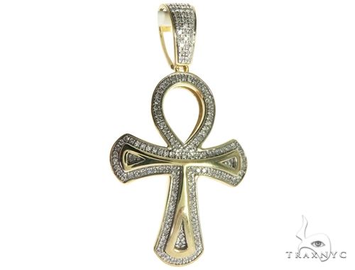 Yellow 10K gold men's ankh cross pendant with micro pave diamond detailing