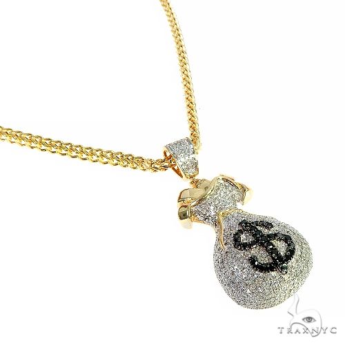 10K Yellow Gold Micro Pave Diamond Money Bag Dollar Sign Charm Pendant Franco Chain Set 66611 - Image 2