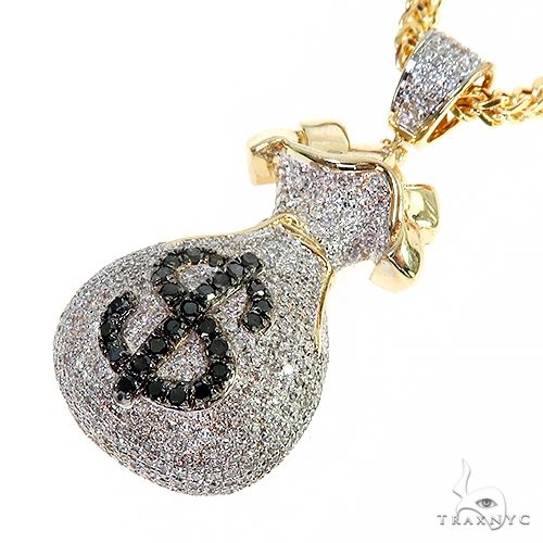 10K Yellow Gold Micro Pave Diamond Money Bag Dollar Sign Charm Pendant Franco Chain Set 66611 - Image 4