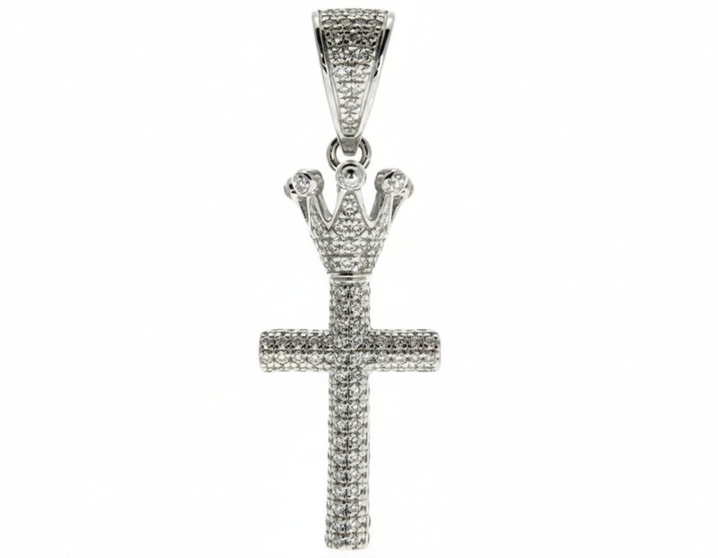 10K White Gold Micro Pave Diamond Small Crowned Cross Pendant