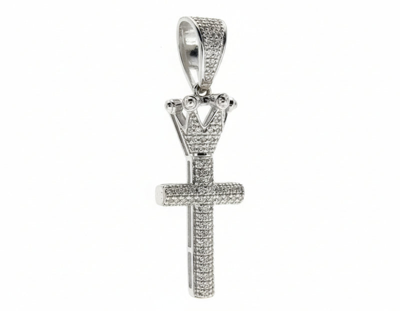10K White Gold Micro Pave Diamond Small Crowned Cross Pendant, view 2