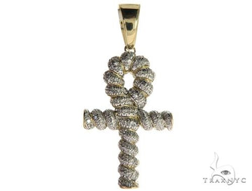 10K yellow gold twisted ankh cross pendant with micro pave diamonds, men's jewelry.