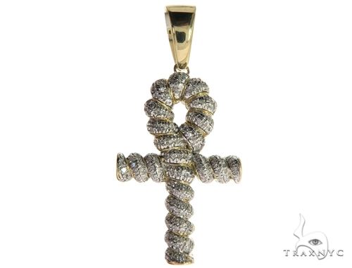 10K yellow gold twisted ankh cross pendant with micro pave diamonds, men's jewelry