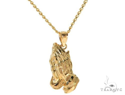 10K Yellow Gold Praying Hands Charm 24 Inches Cuban Link Chain Set 61819 - Image 1