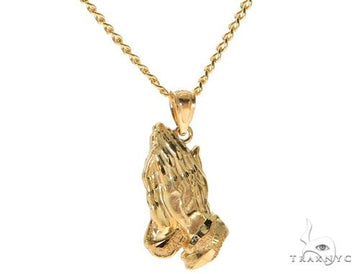 10K yellow gold praying hands pendant on 24-inch Cuban link chain men's jewelry set.