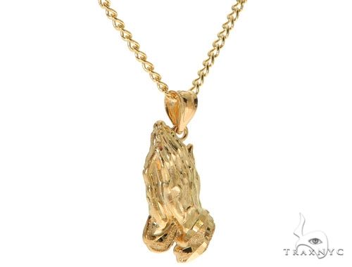10K Yellow Gold Praying Hands Charm 24 Inches Cuban Link Chain Set, photo 2 of 7